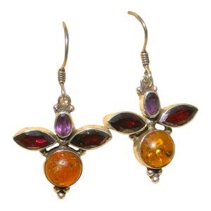 Vintage 925 Silver Earrings With Amber & Garnet Gemstones